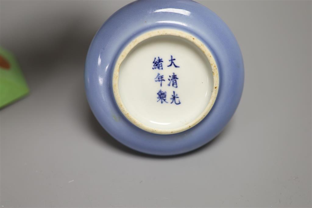 A Chinese famille rose cup stand, length 19.5cm and a claire de lune censer